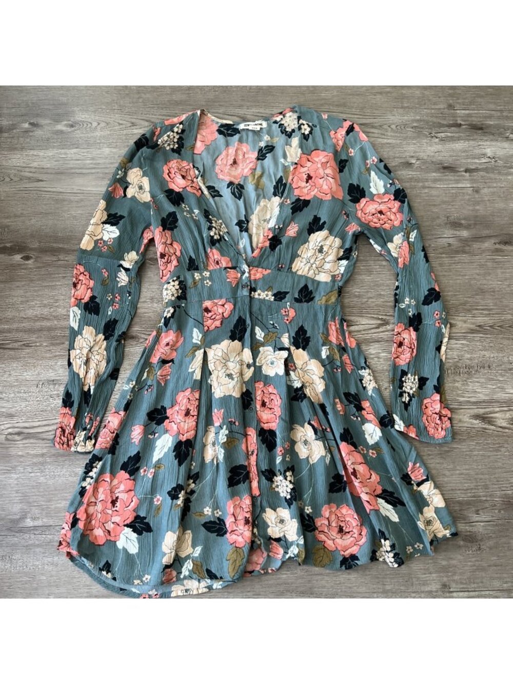 Billabong Floral Mini Dress Womens M Long Sleeve Deep VNeck Viscose Blend